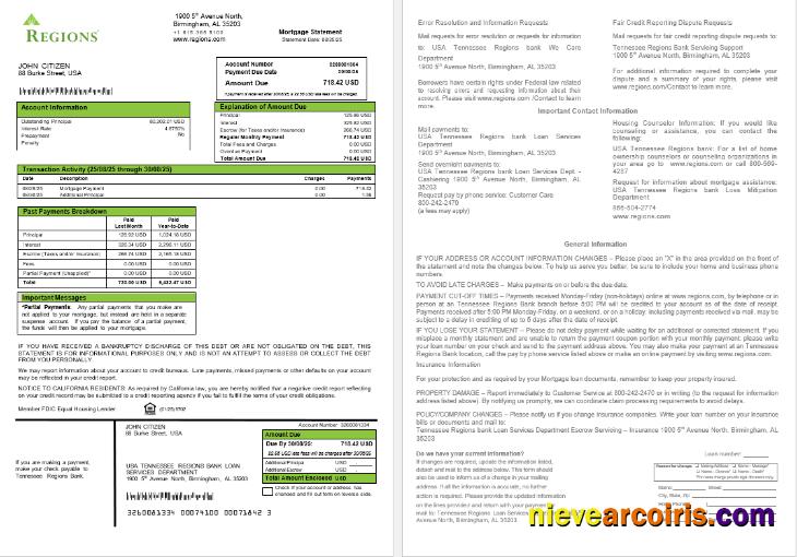 USA Tennessee Regions bank mortgage statement